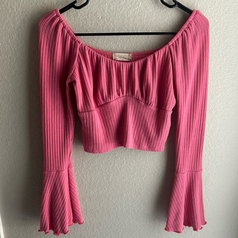 Altar'd State Pink Ribbed Blouse with Flared Sleeves